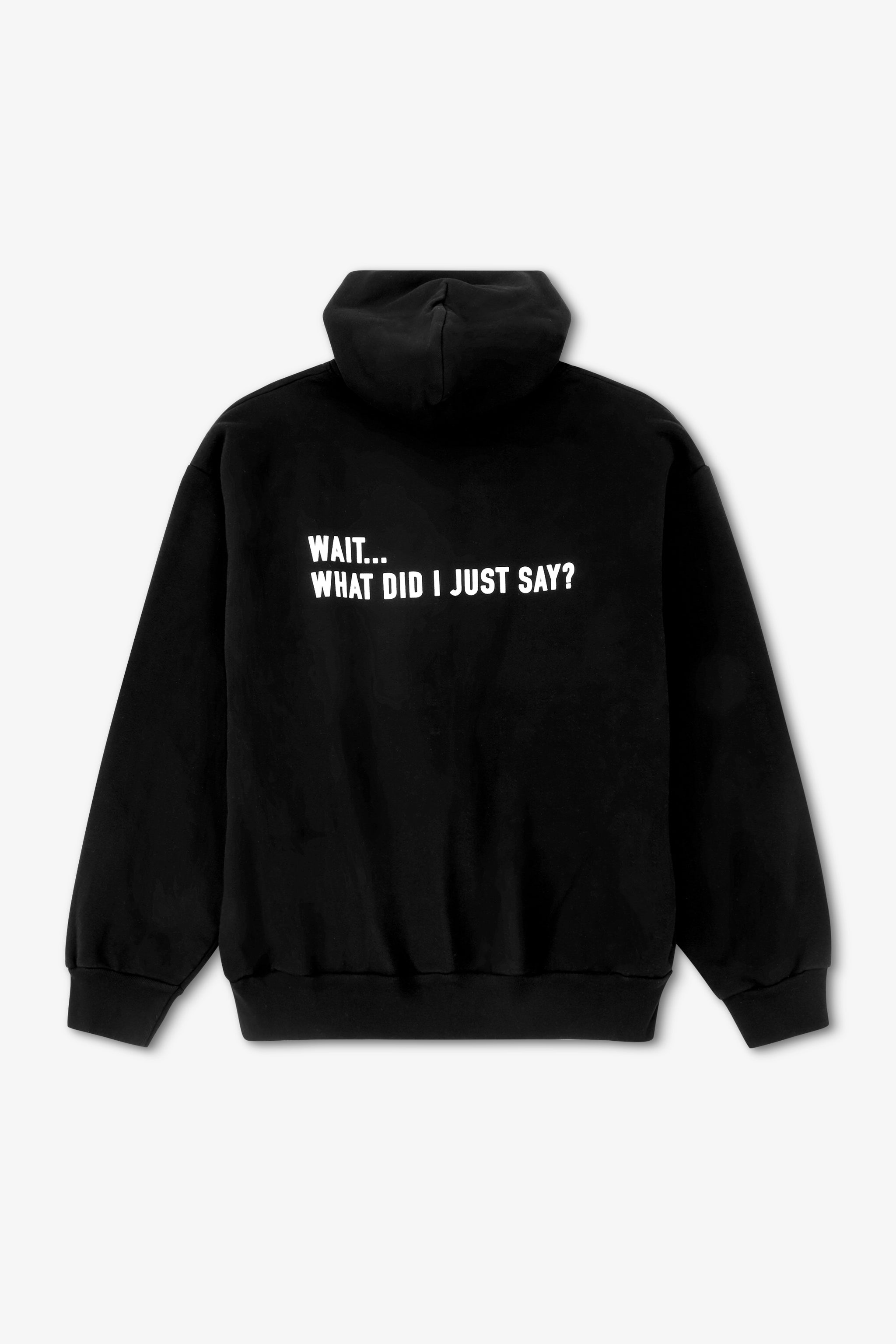 Black hoodie with text on the back on a white background