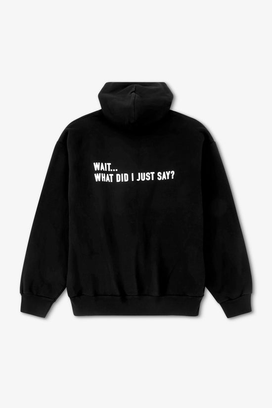 Black hoodie with text on the back on a white background