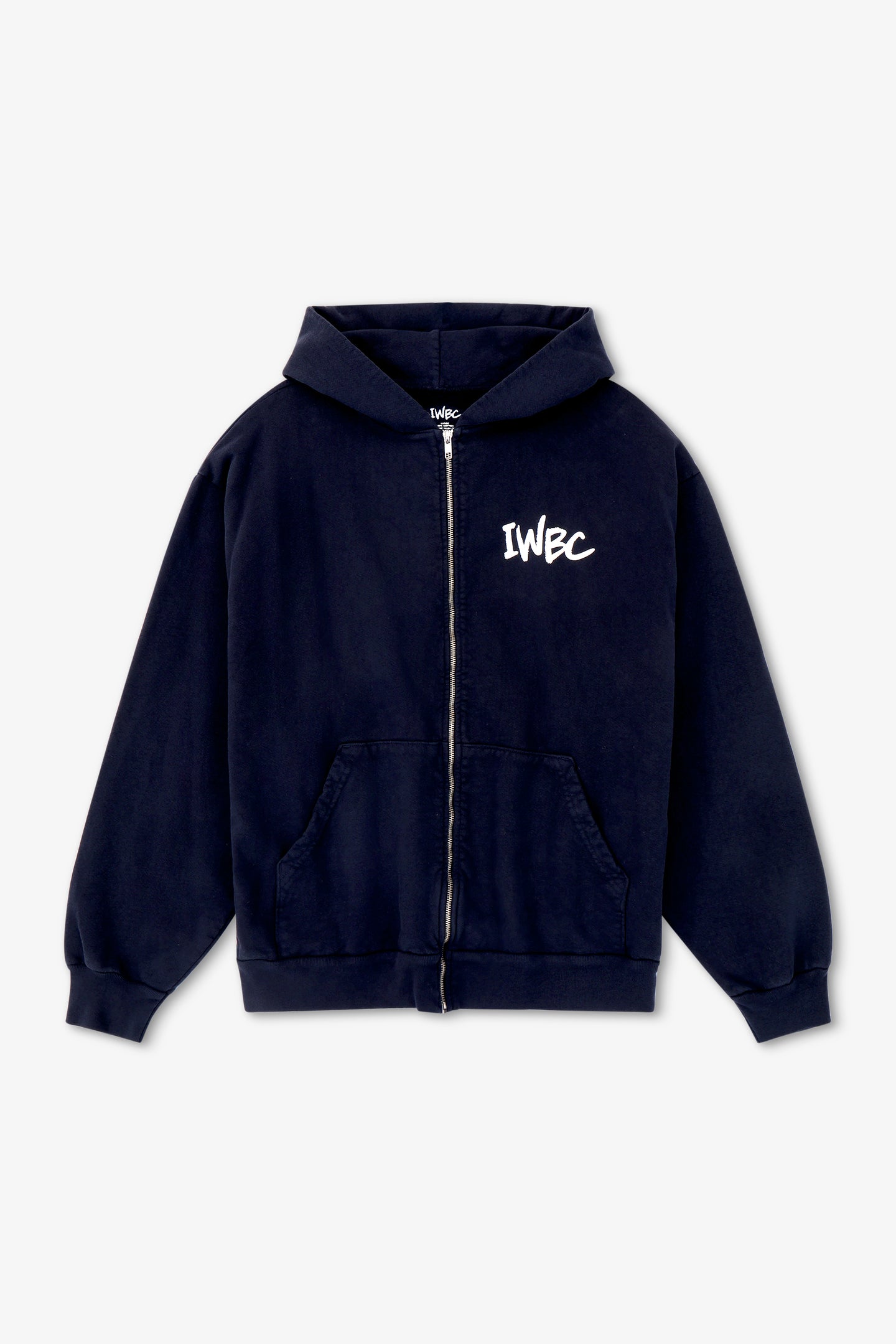 Navy blue hoodie with 'IWBC' logo on a light gray background