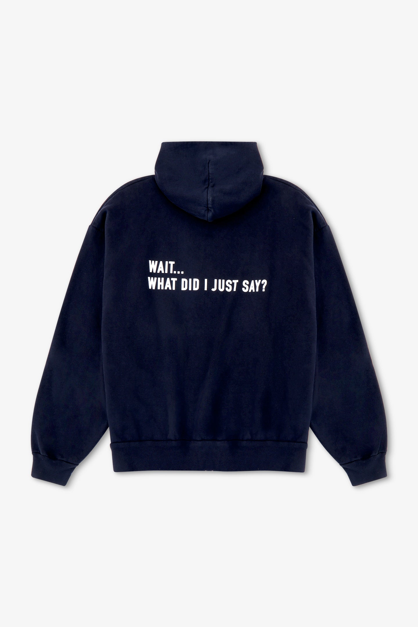 Black hoodie with text on the back against a light gray background
