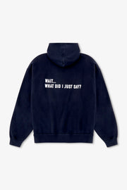 Black hoodie with text on the back against a light gray background