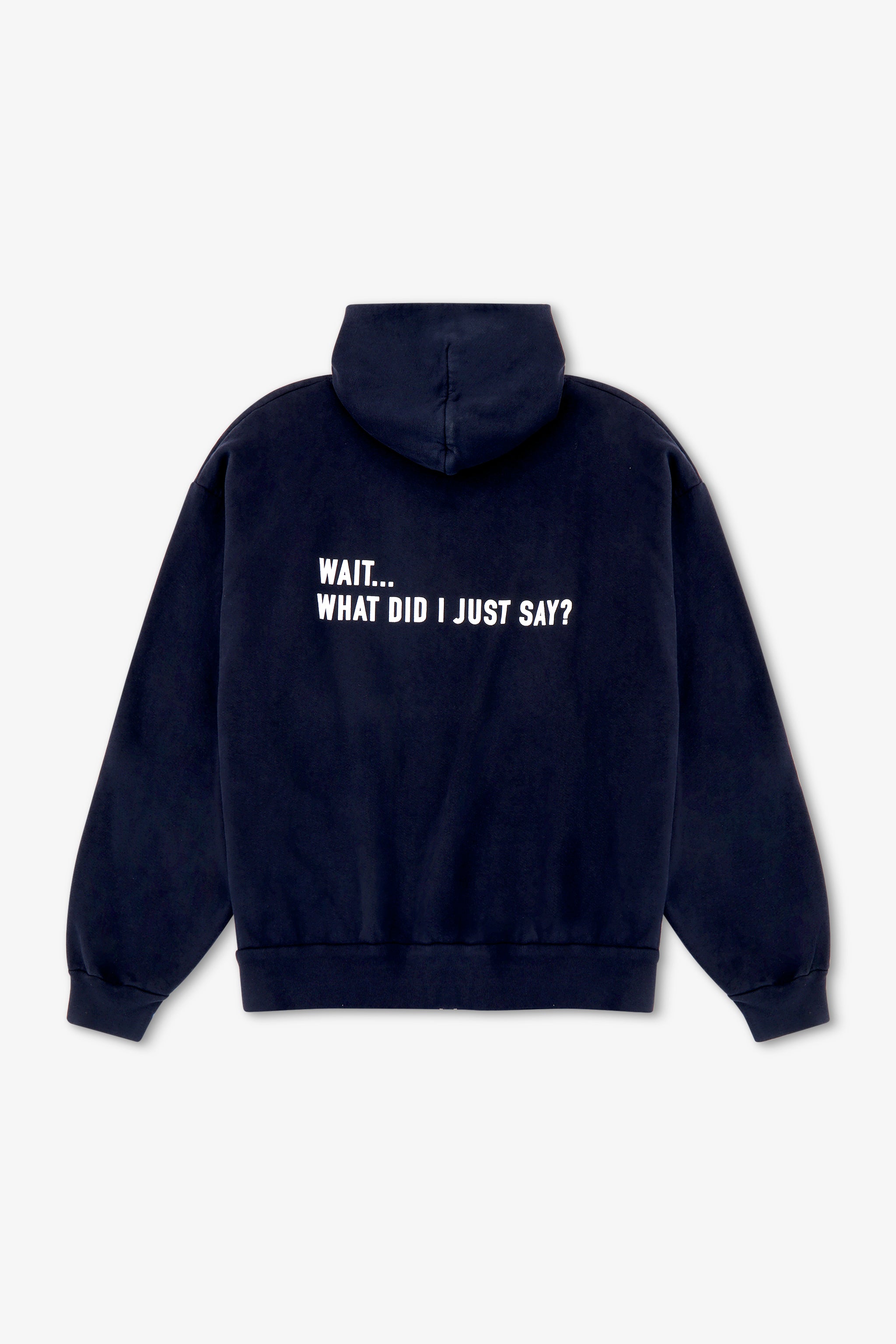 Black hoodie with text on the back against a light gray background