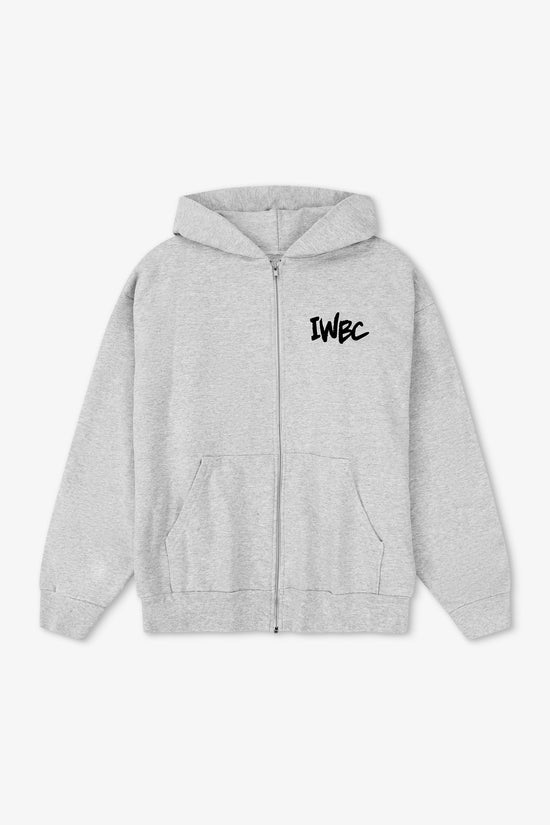 Gray hoodie with 'IWBC' logo on a white background