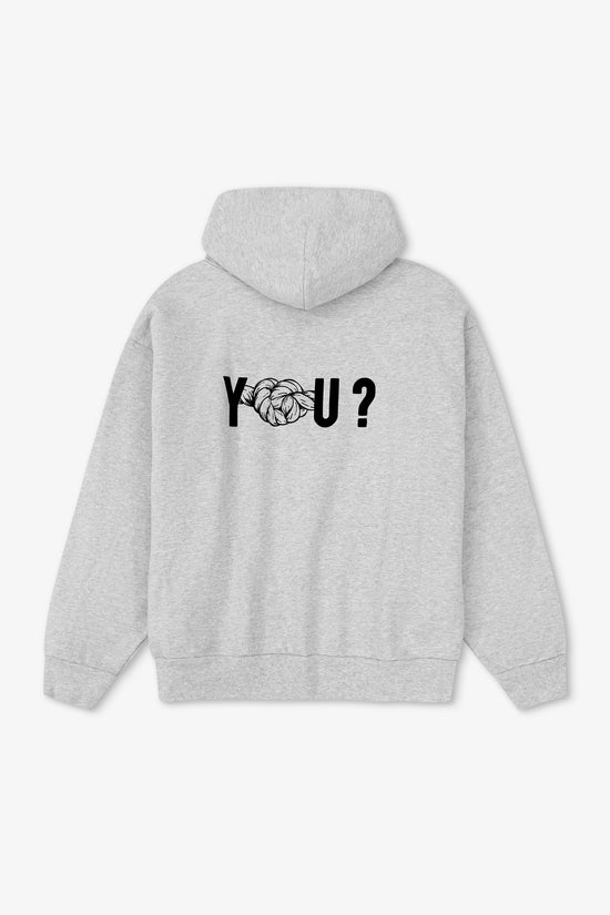 Gray hoodie with 'YOU?' text on the back against a white background