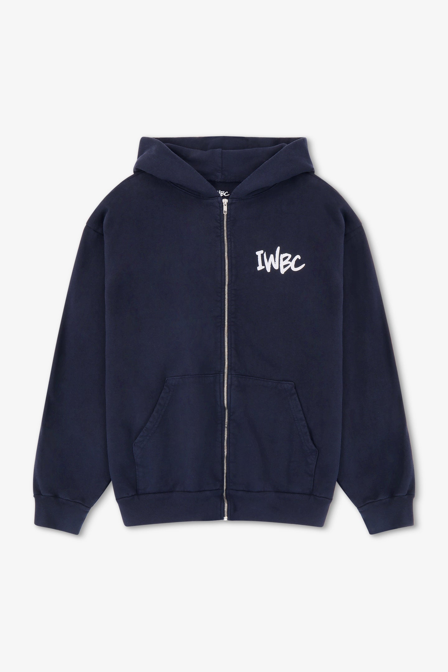 Navy blue hoodie with 'IWBC' logo on a light gray background