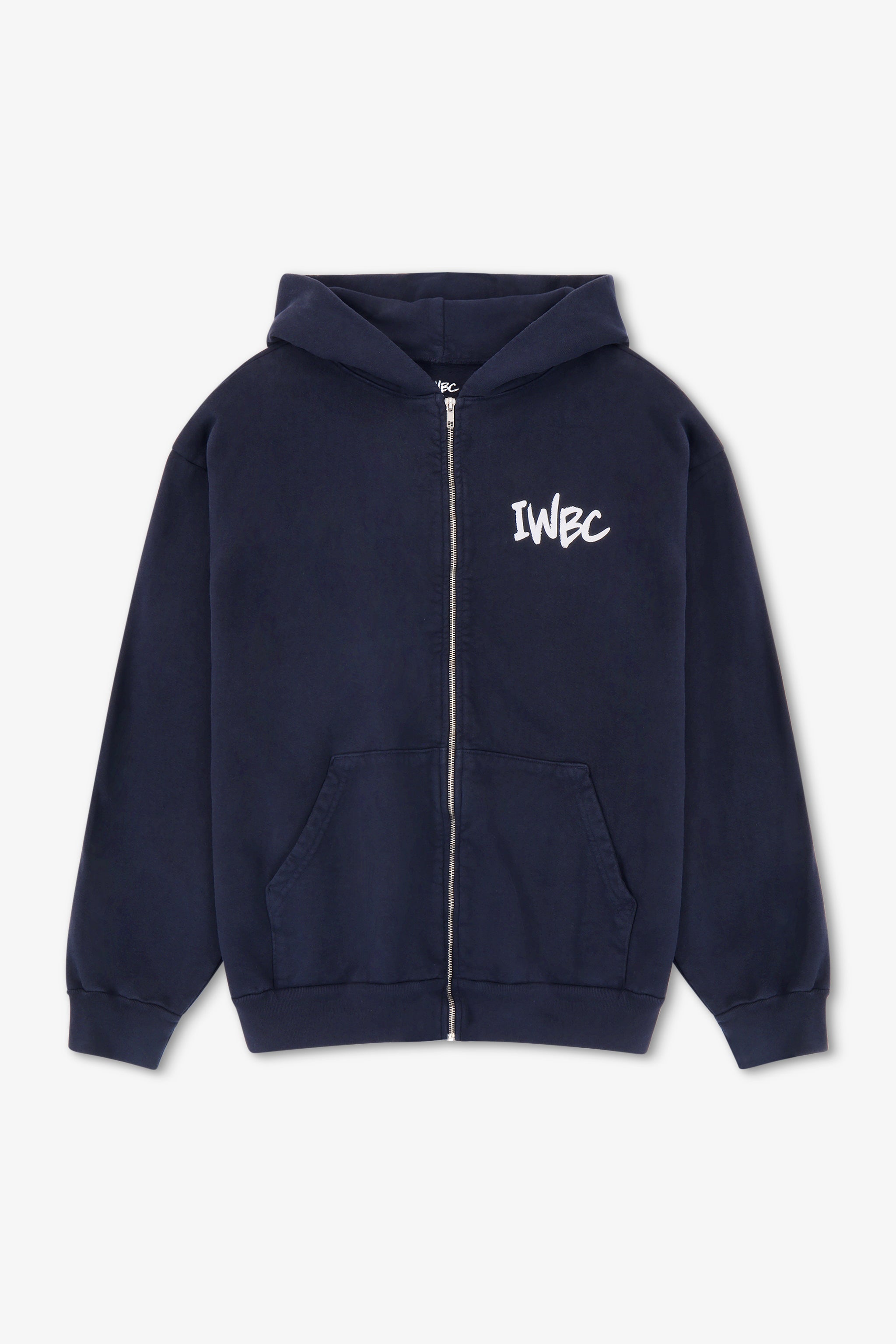 Navy blue hoodie with 'IWBC' logo on a light gray background