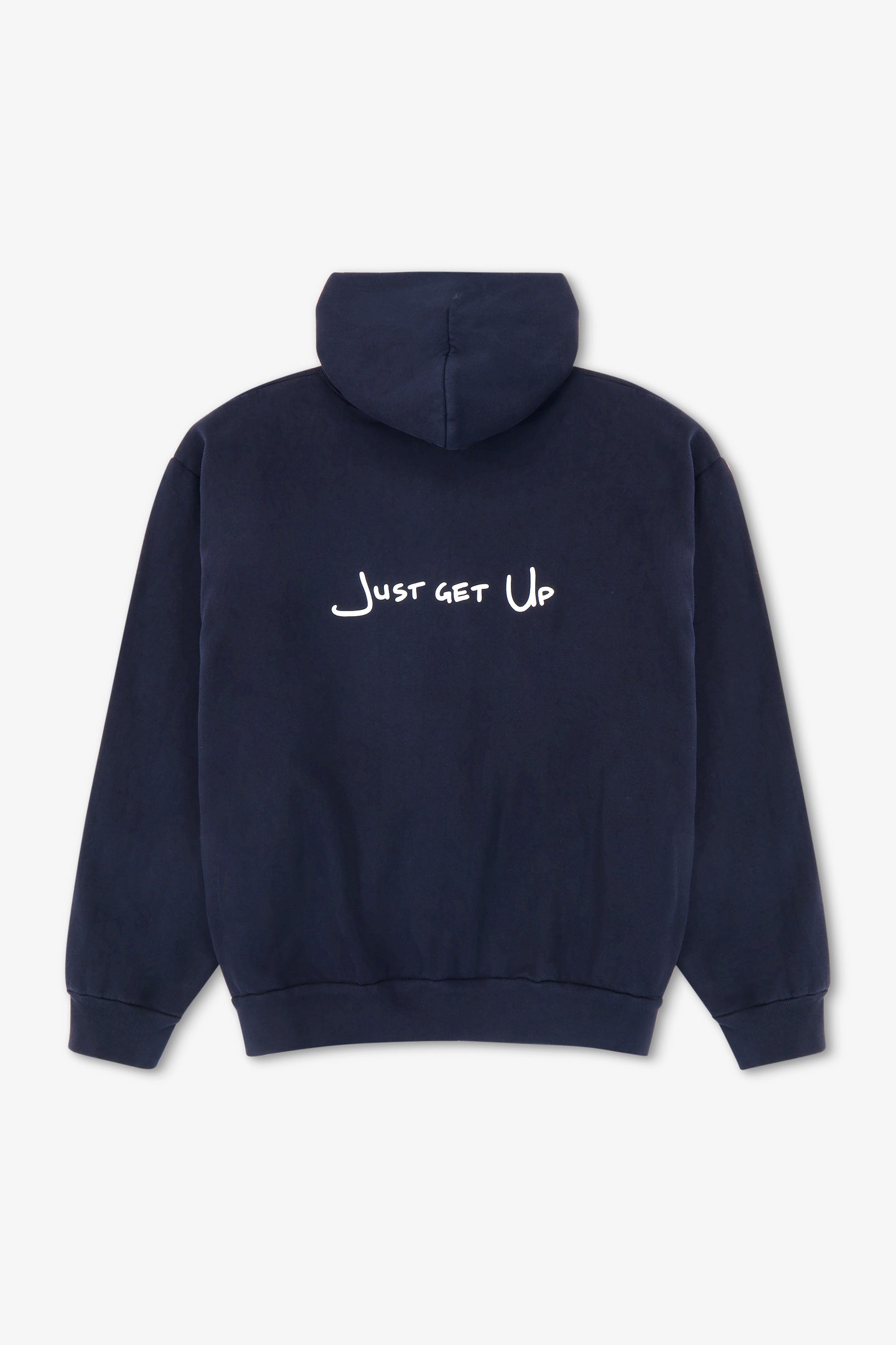Navy hoodie with 'Just get Up' text on the back against a white background