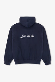 Navy hoodie with 'Just get Up' text on the back against a white background
