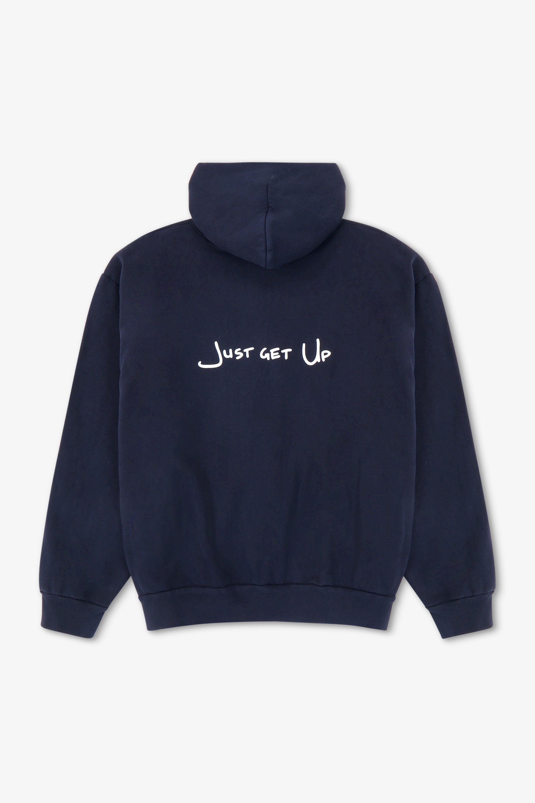 Navy hoodie with 'Just get Up' text on the back against a white background