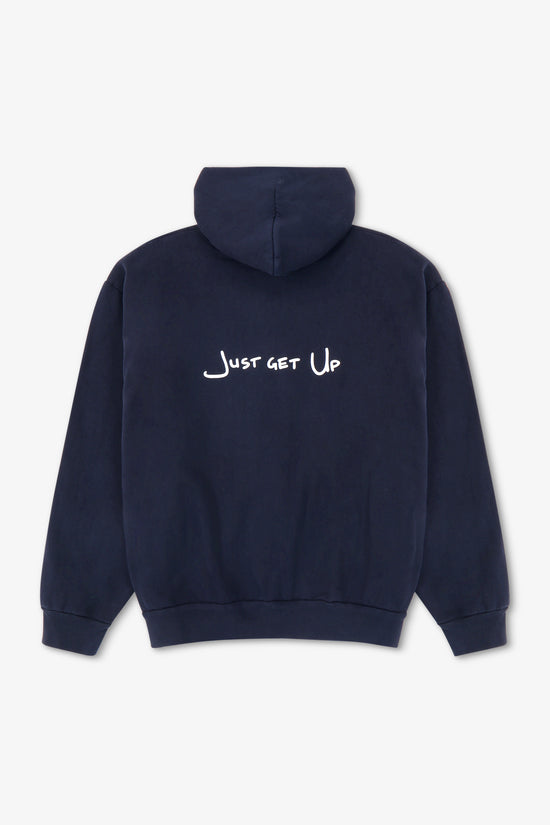 Navy hoodie with 'Just get Up' text on the back against a white background