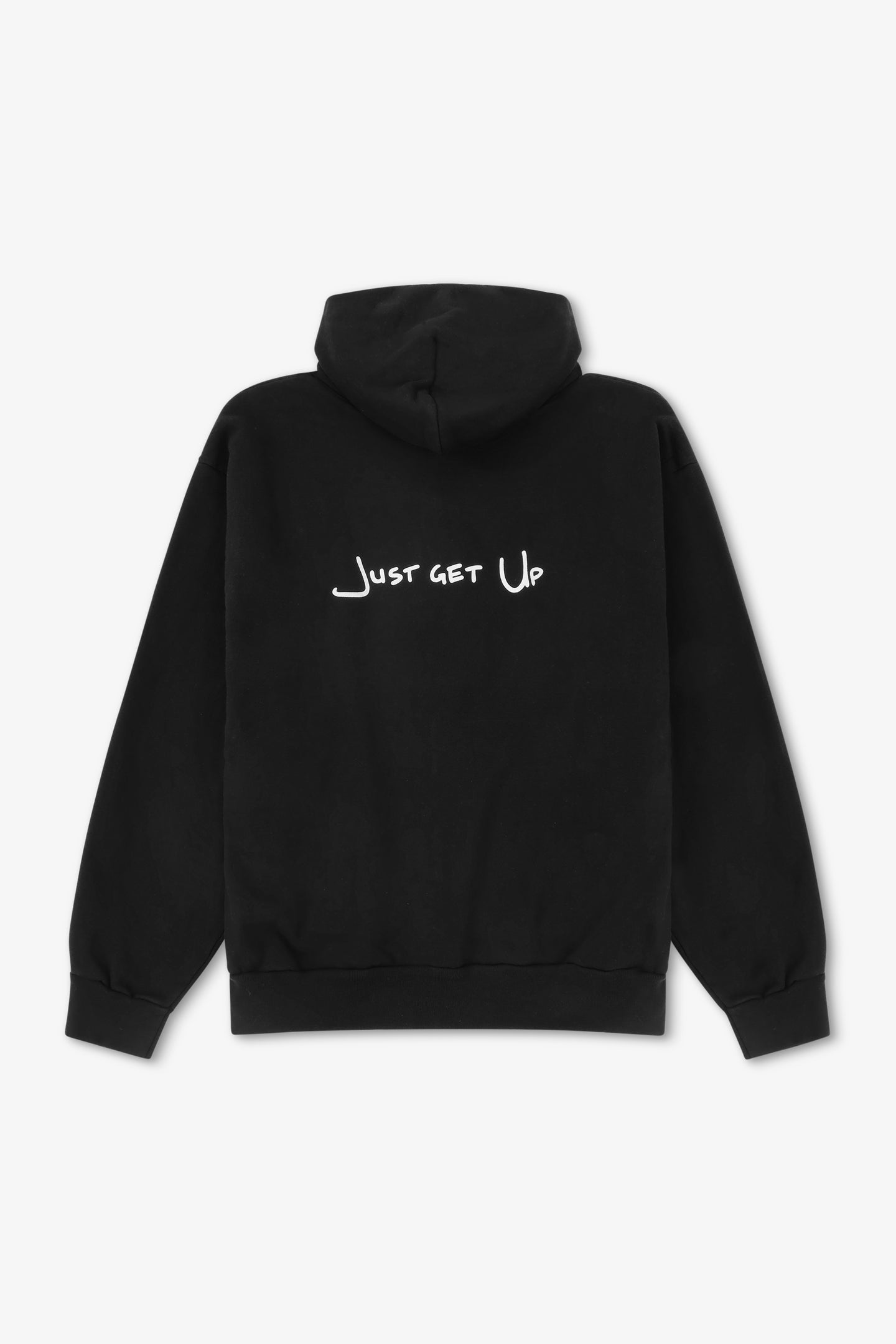 Black hoodie with 'Just Get Up' text on the back against a white background