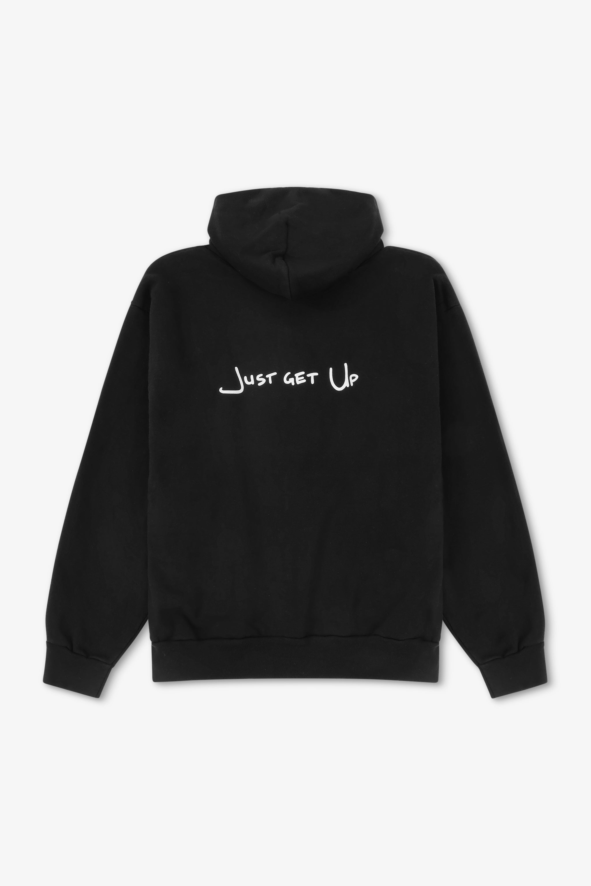 Black hoodie with 'Just Get Up' text on the back against a white background