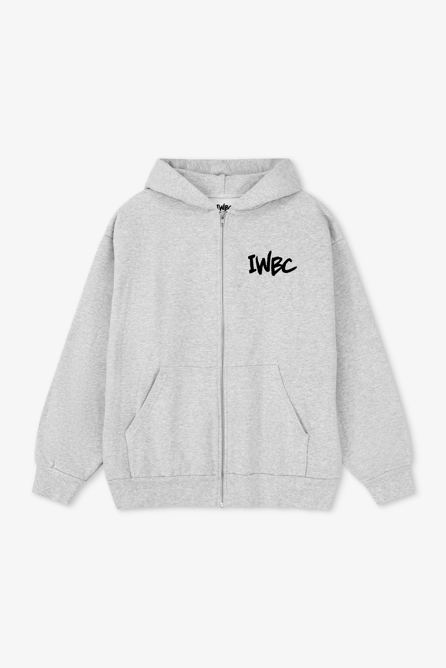 Gray hoodie with 'IWBC' logo on a white background