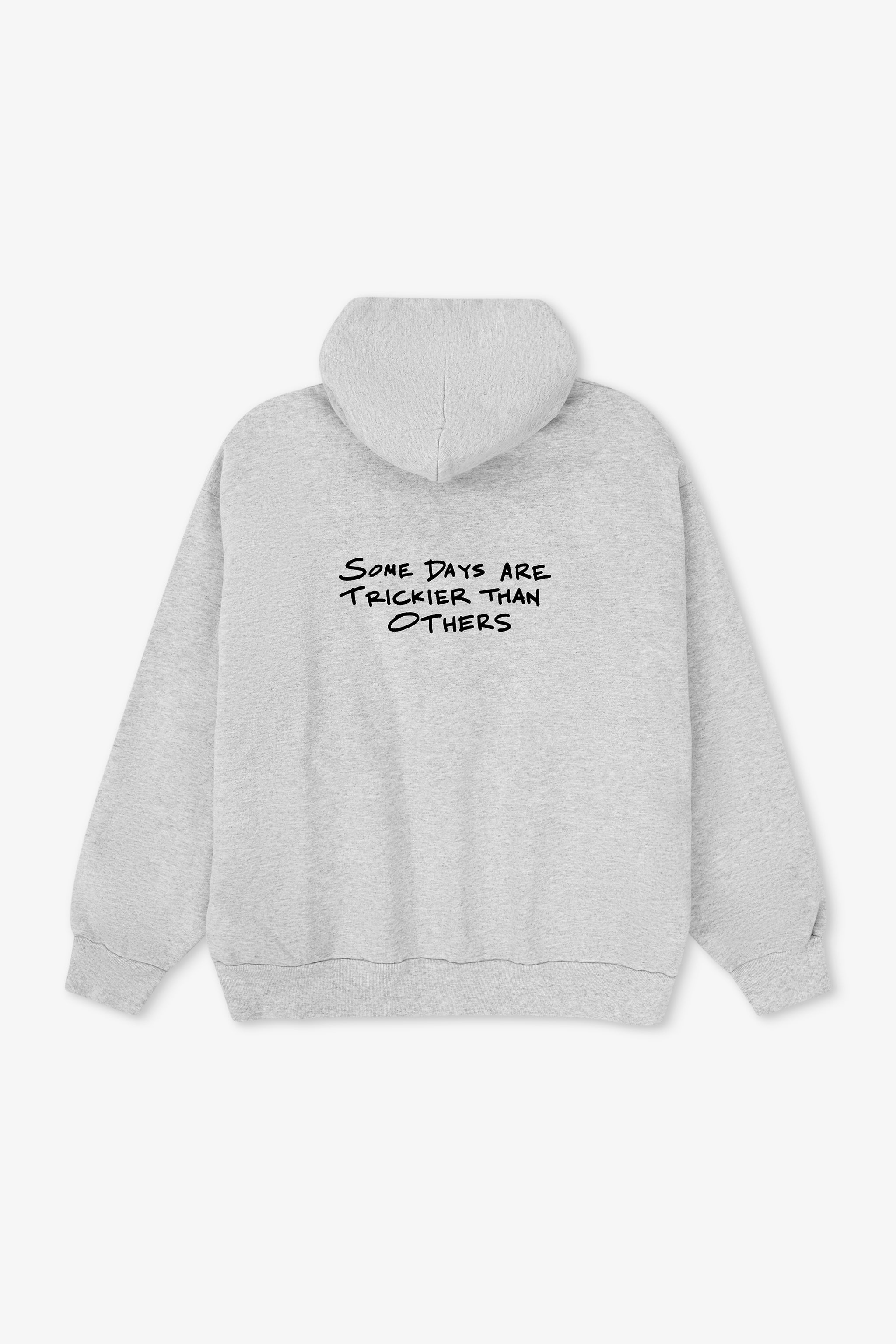 Gray hoodie with text on the back against a white background