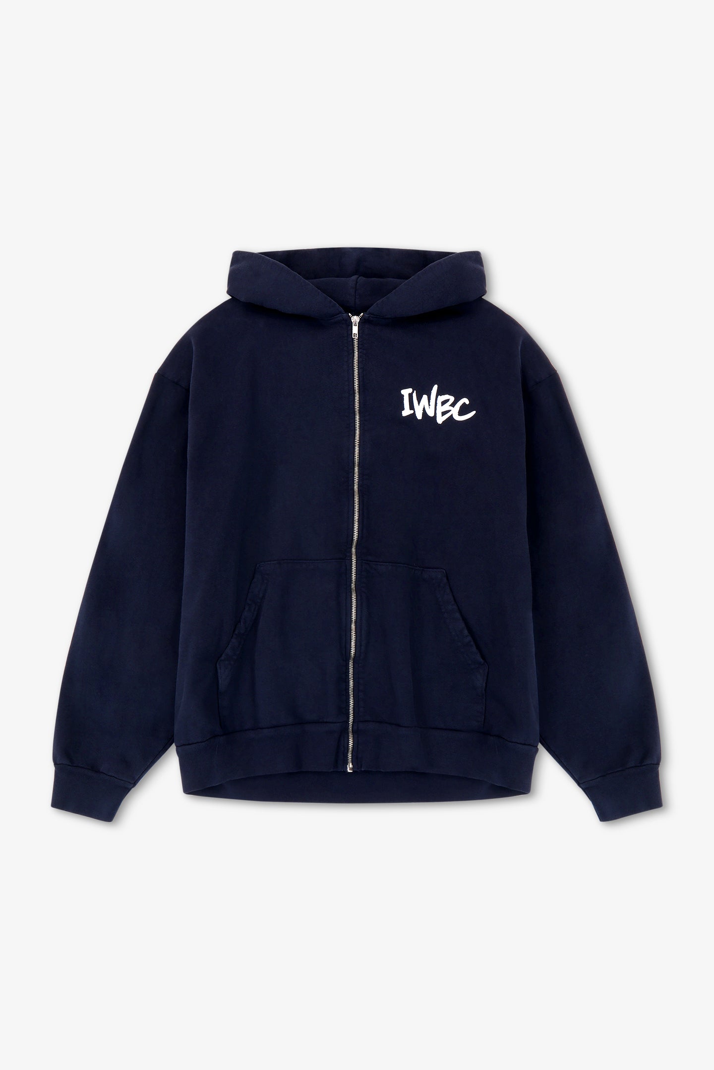 Navy blue hoodie with 'IWBC' logo on a light gray background