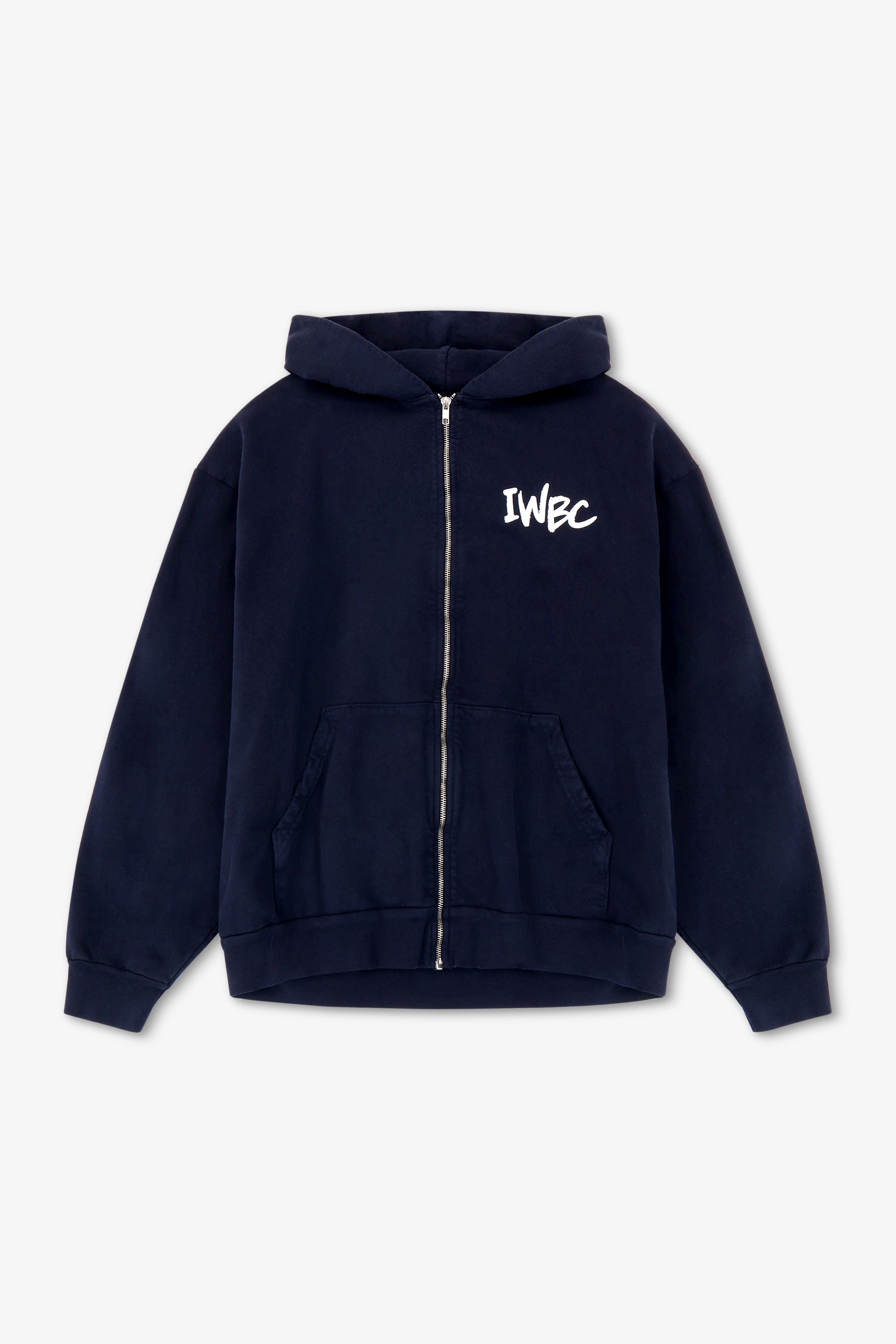 Navy blue hoodie with 'IWBC' logo on a light gray background