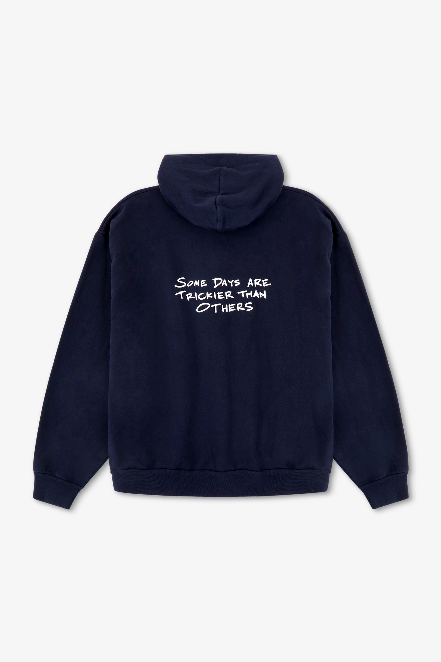 Navy blue hoodie with white text on the back against a light gray background