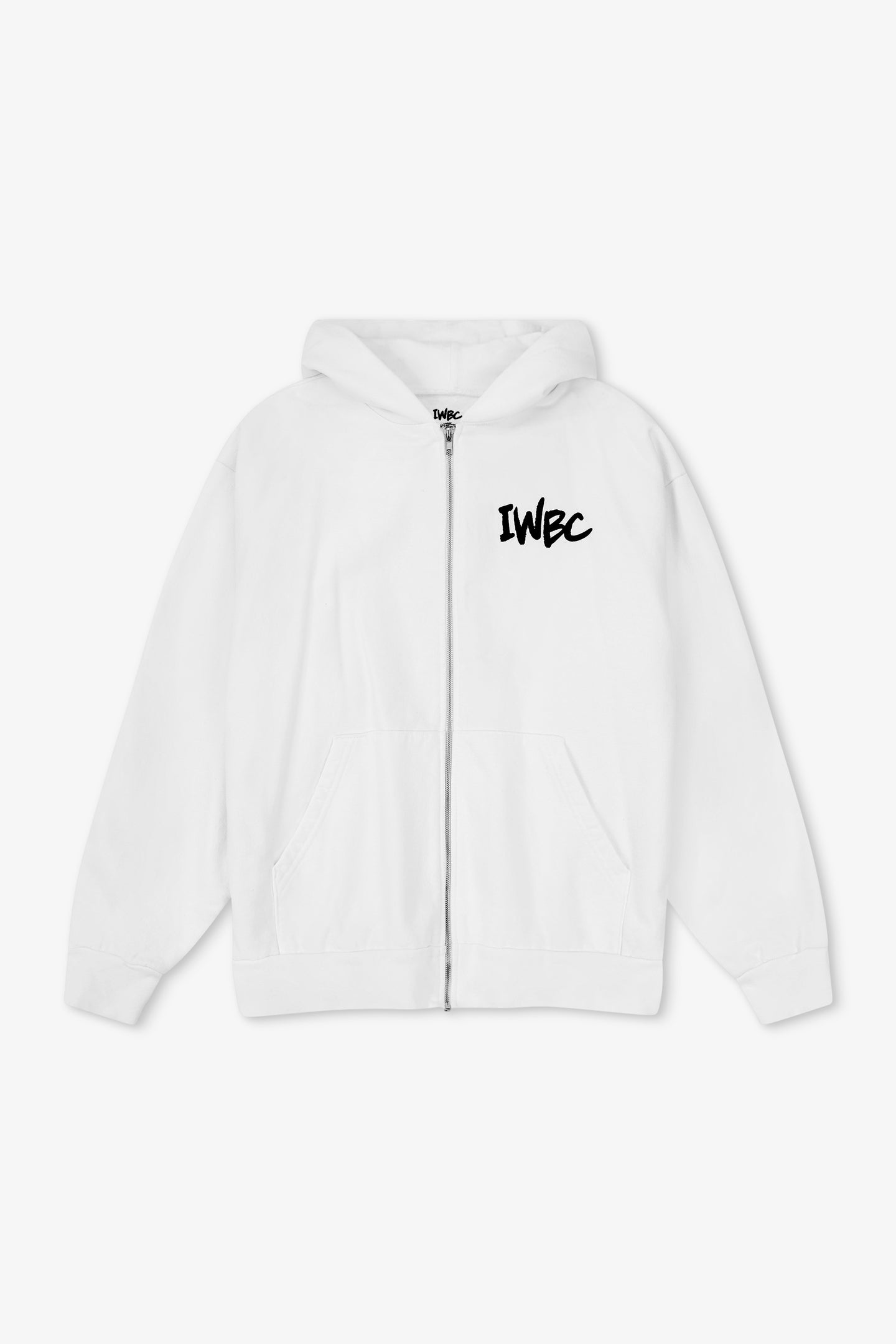 White hoodie with 'IWEC' text on a white background