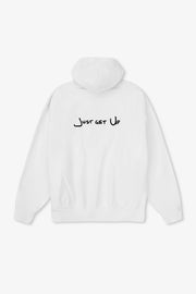 White hoodie with 'Just get Up' text on a white background