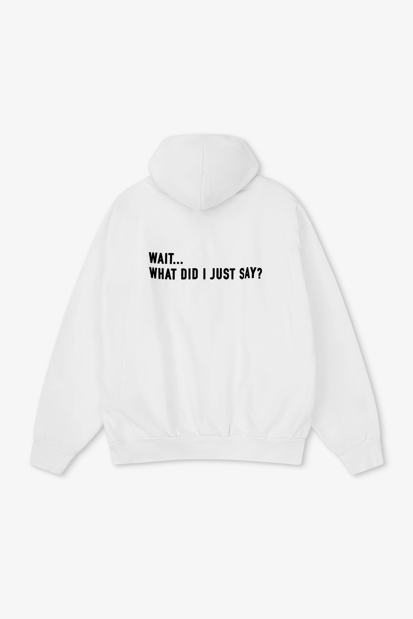 White hoodie with text on the back on a white background